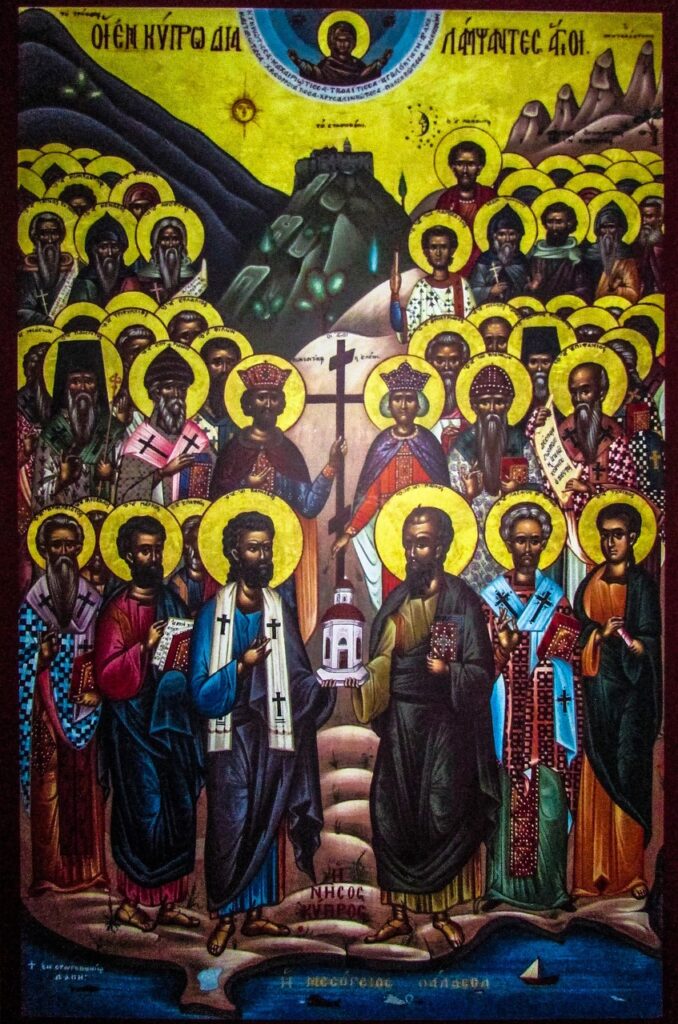 Icône byzantine riche en saints aux auréoles, musée de Rhodes