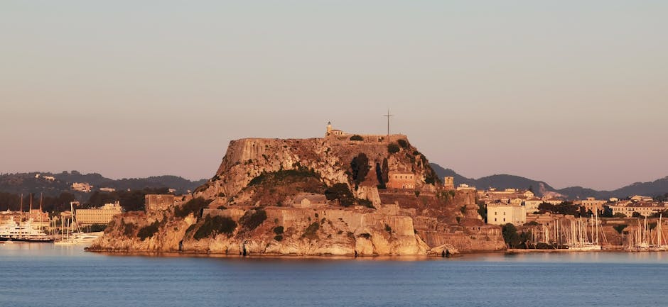 Sunset view from Corfu Old Fortress overlooking the town