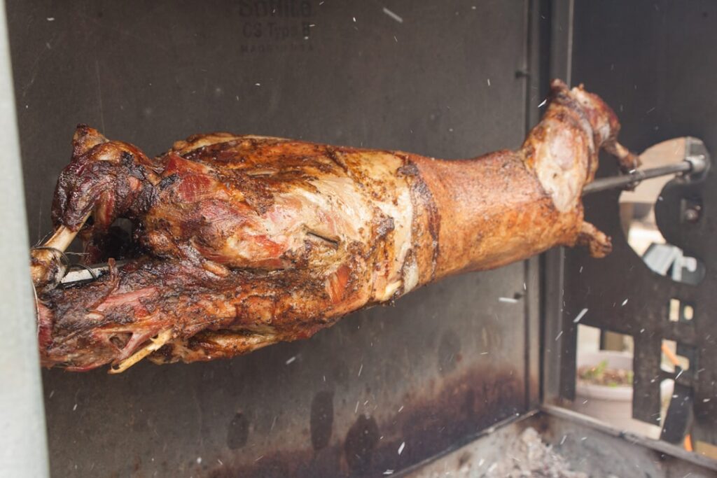 Traditional Greek Easter lamb roast at a Corfu taverna