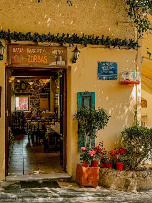 Ingang van gele taverna Zorbas met tafels en planten in Mykonos
