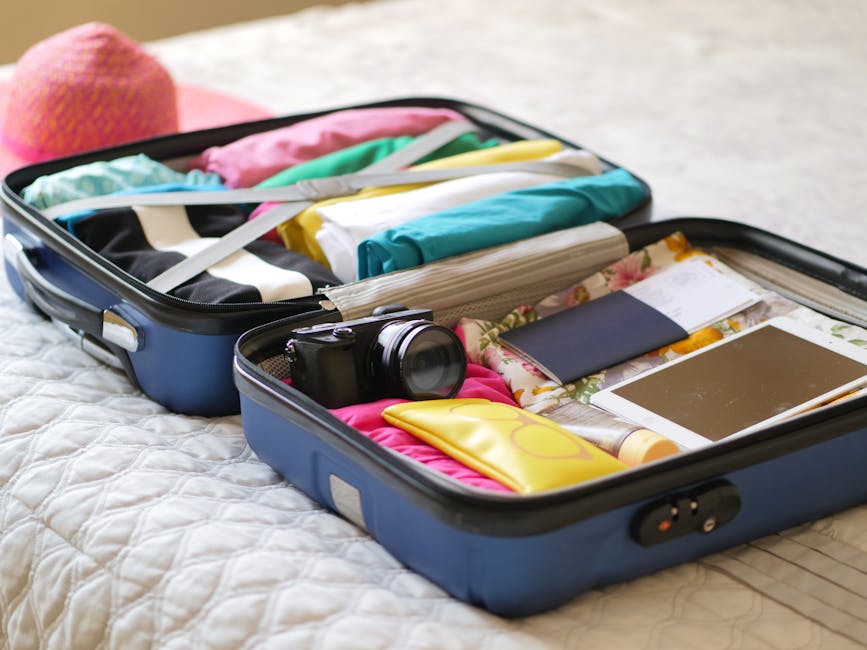 Packed travel essentials for a villa getaway in Mykonos