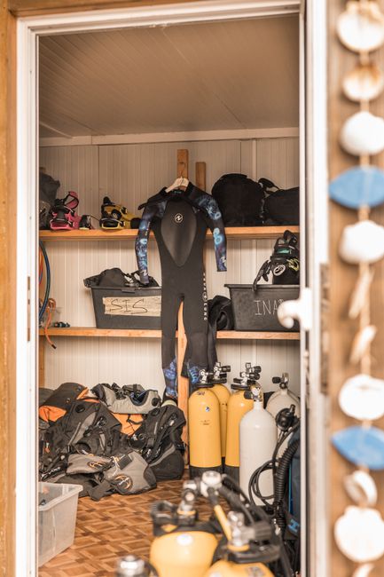 Combinaison, gilets et bouteilles de plongée alignés dans un local