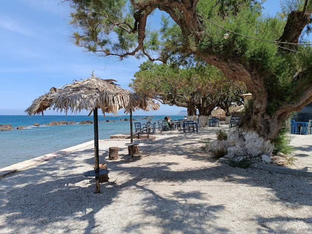 Rieten parasol en tafels onder bomen aan zee op Mykonos