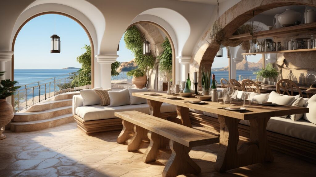Sala da pranzo con archi e vista sul mare, atmosfera Mykonos