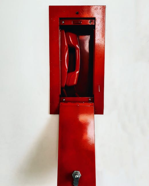 Red emergency telephone handset recessed in a metal wall compartment