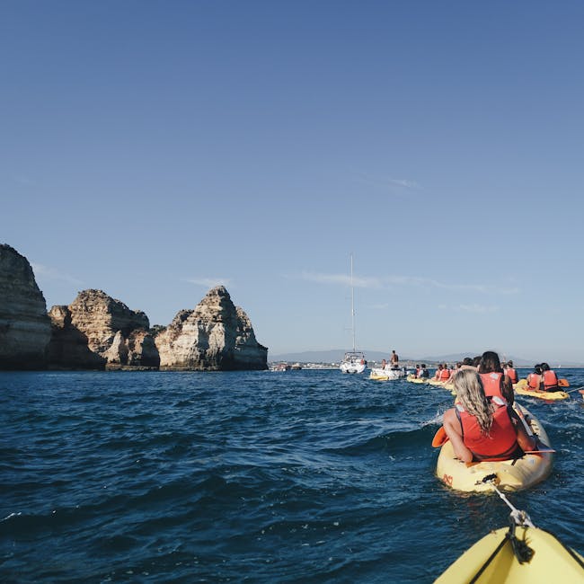 Gruppo di kayak sull'acqua con scogliere rocciose all'orizzonte