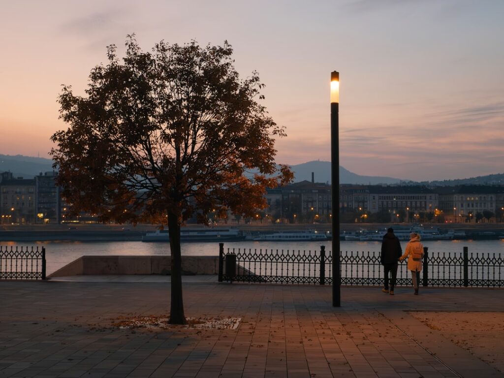 Promenade at sunset with a tree, lamppost, and two people by water