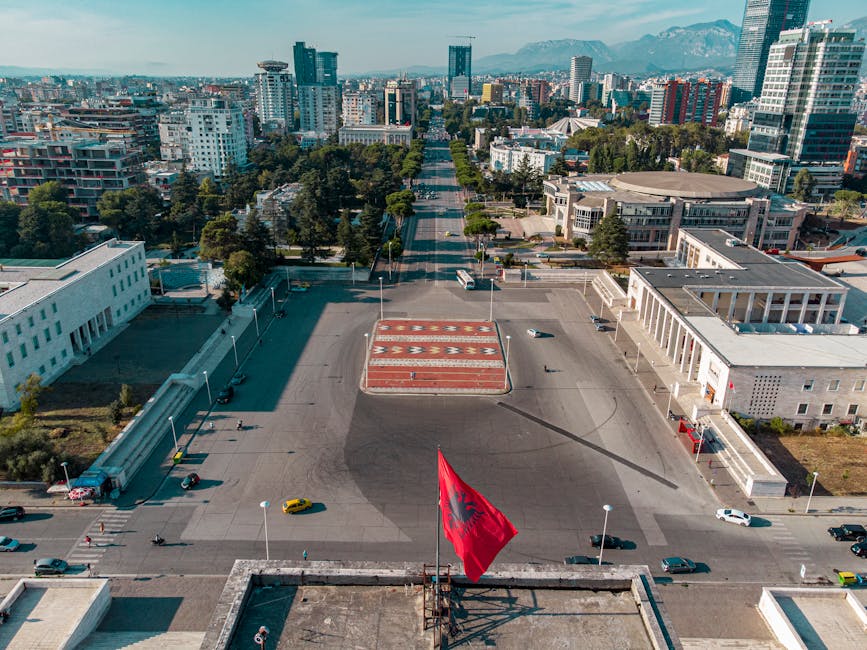 Aerial view of Skanderbeg Square in Tirana