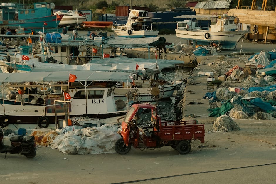 Quais de pêche avec filets, petites embarcations et charrette rouge