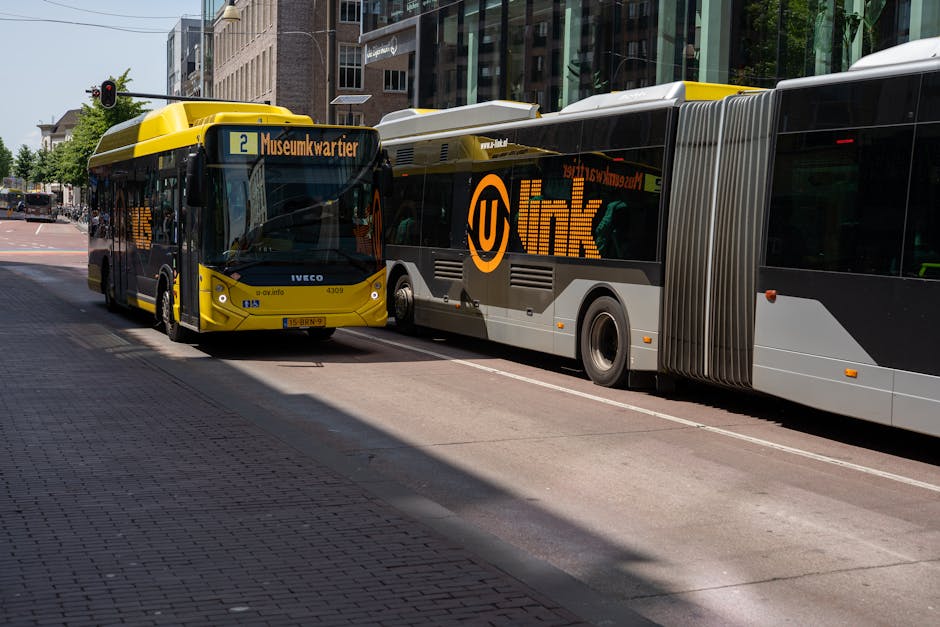 Deux bus articulés jaunes garés dans une rue, panneaux et trottoir.