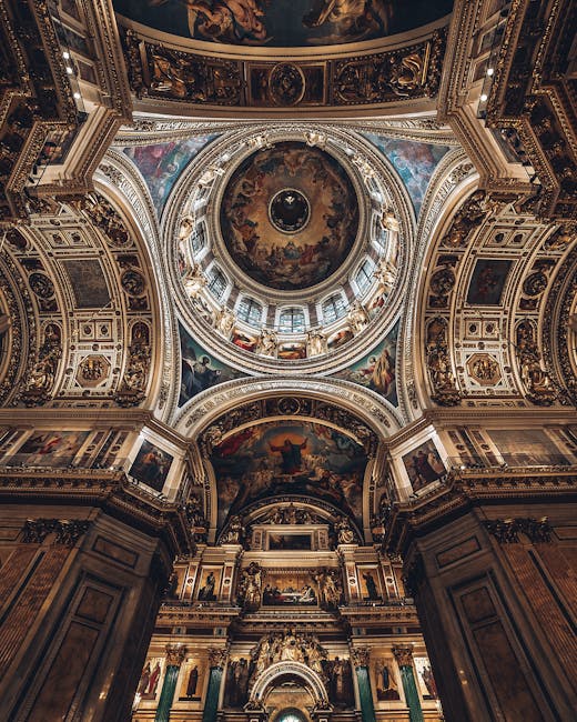 Ornate gilded cathedral dome and frescoed ceiling in Montenegro church interior
