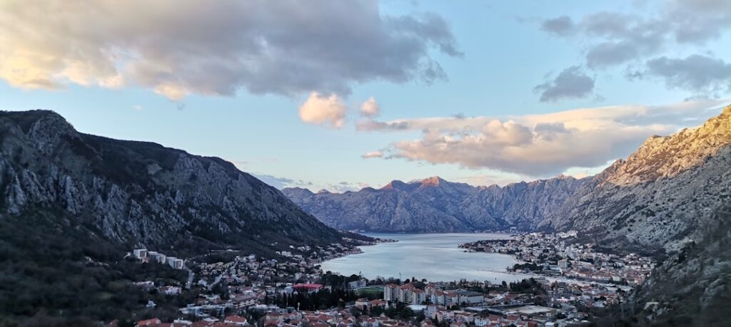 Kotor Bay in Montenegro with town nestled between steep rocky mountains