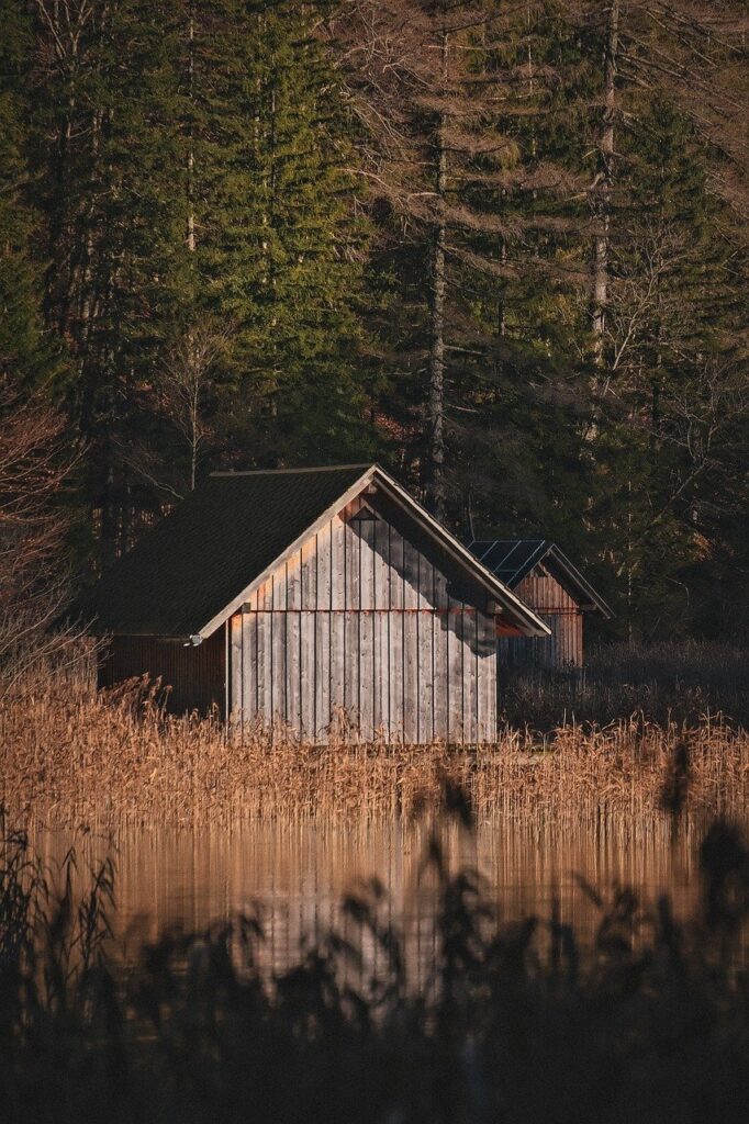 Wooden eco-cabin on Lake Skadar with reed shoreline and boat dock