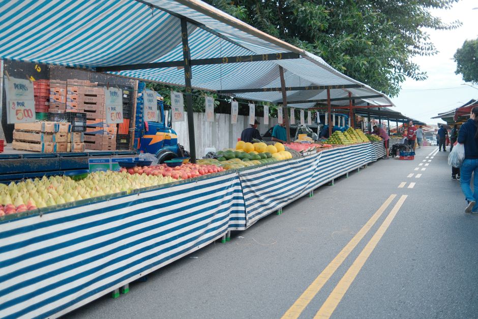 Striped market stalls displaying fruit along a Montenegrin roadside