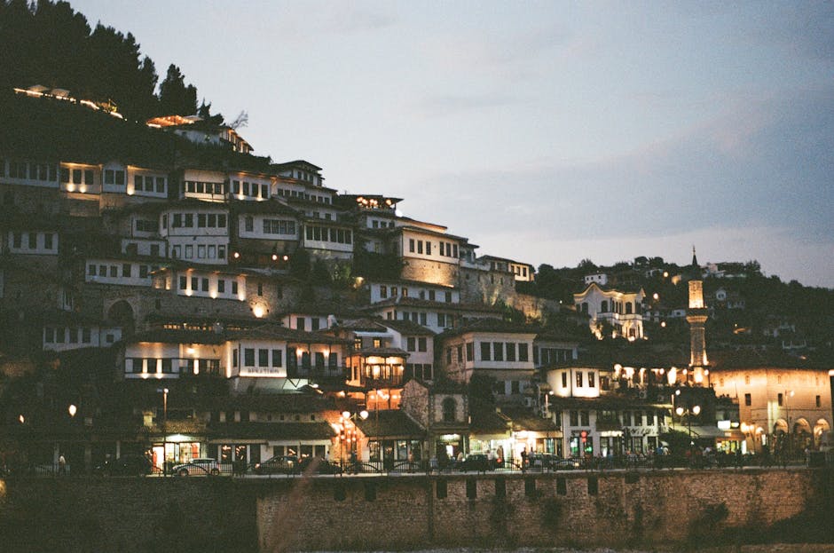 Night view of Berat hillside houses lit up in Albania