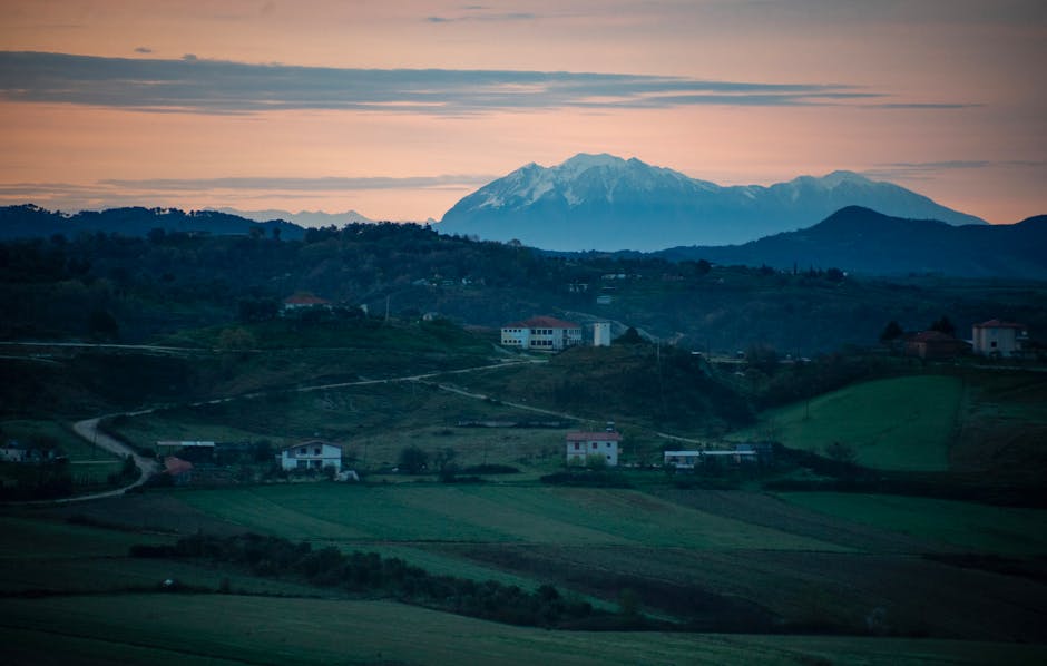 Sunrise over an Albanian mountain village before a festival