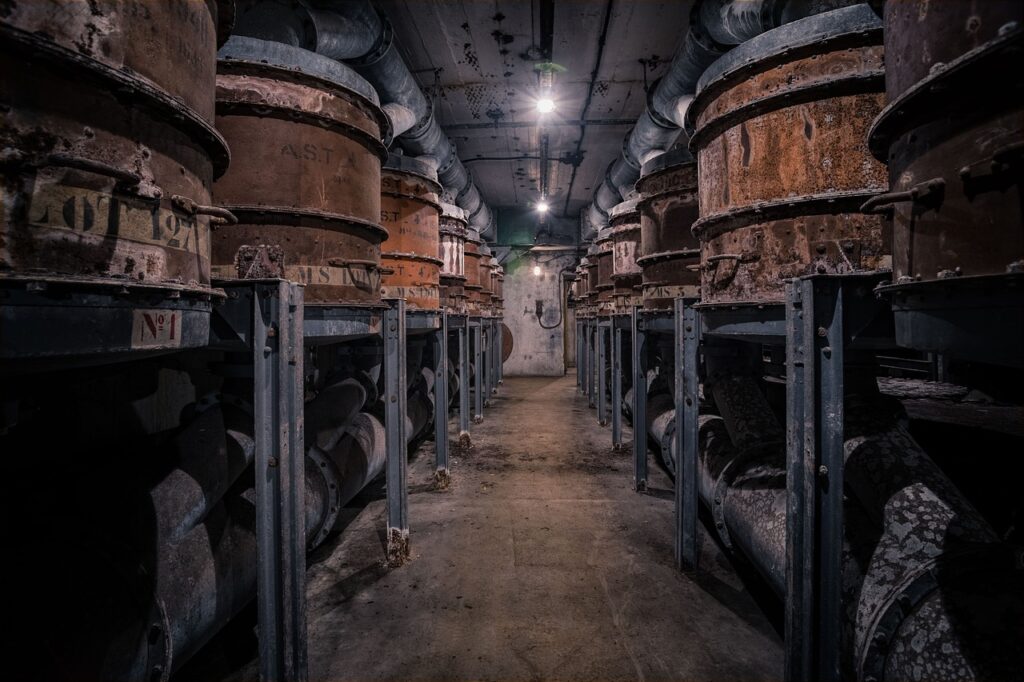 Couloir industriel souterrain d'un bunker en Albanie, tuyauterie et cuves rouillées