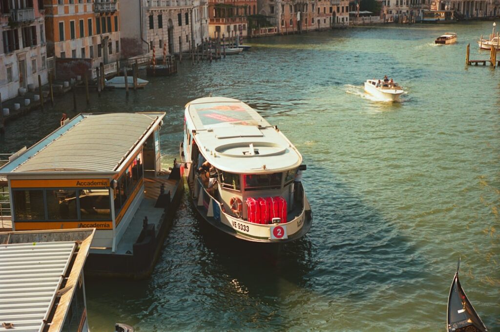 Vaporetto Venice canal boarding morning