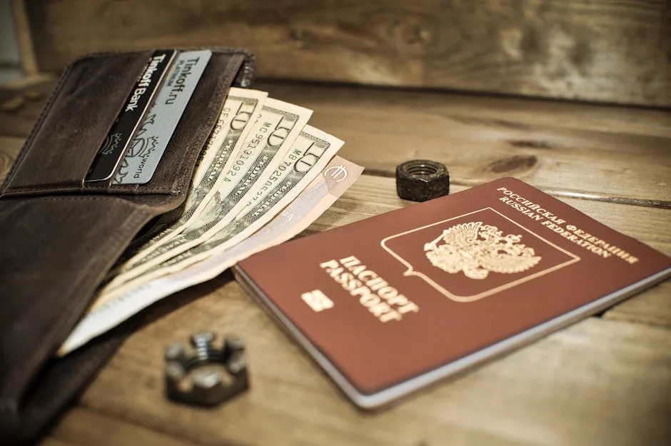 Passeport, billets et portefeuille posés sur une table en bois