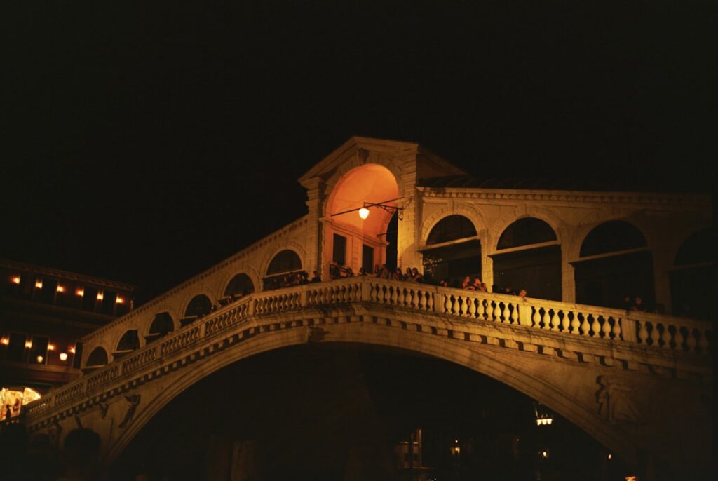 Rialto Bridge lit up night reflections