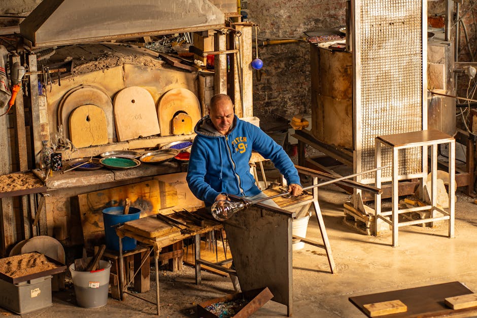Murano glassblower workshop demonstration closeup