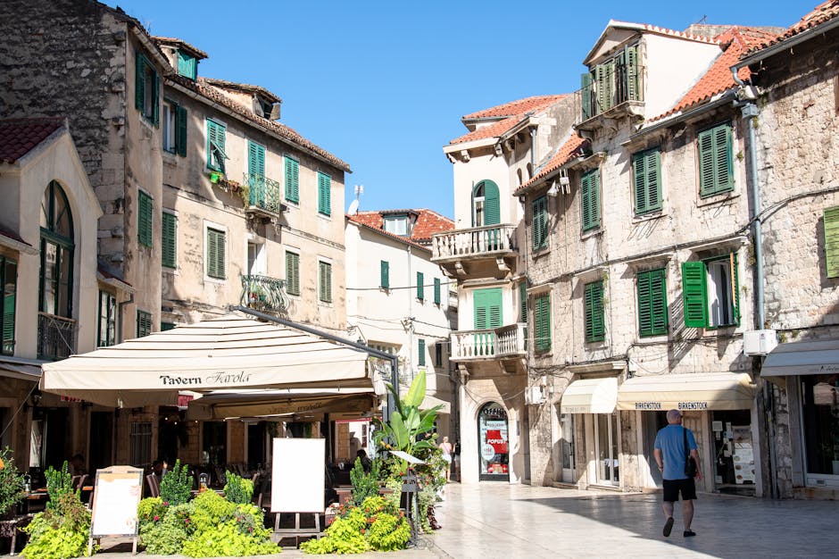 Small neighborhood café terrace with breakfast in Split