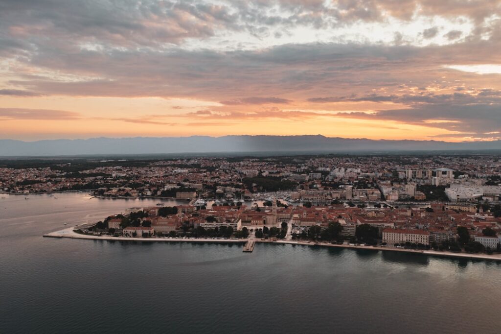 Zadar old town coastline at sunset