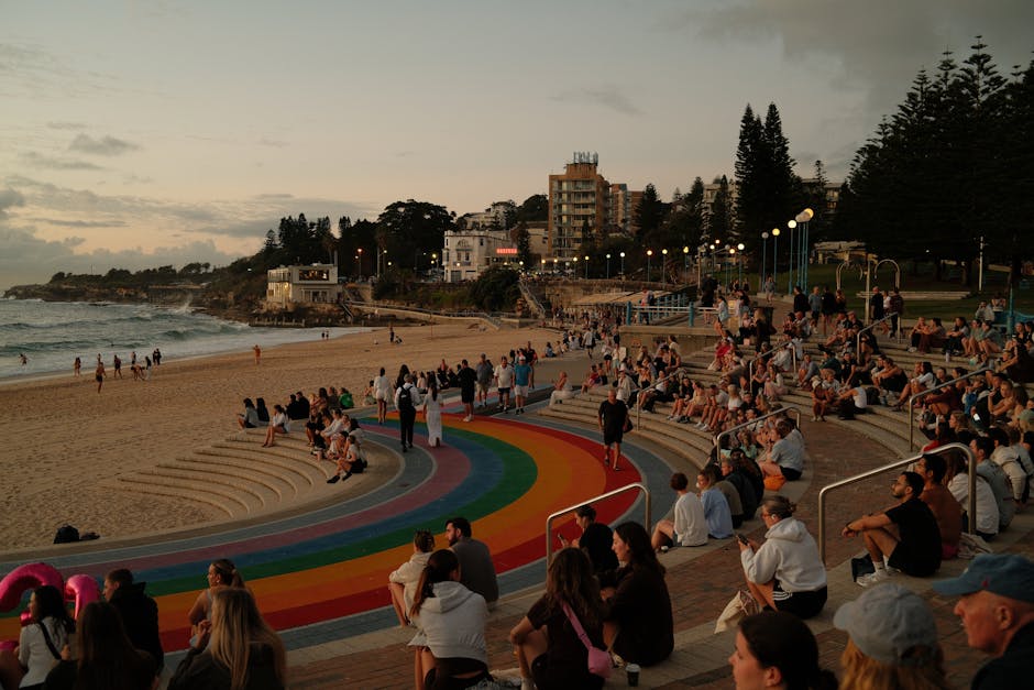 Mensen op de treden van het Sea Organ in de avond