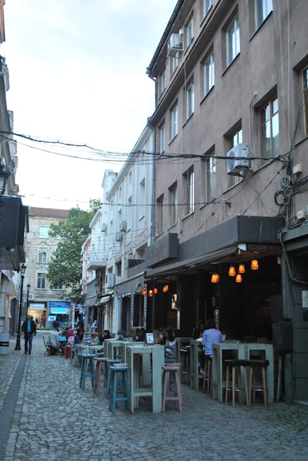 Korenica main street with evening cafés