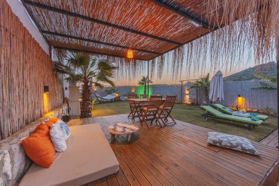 Luxury country house private terrace at sunset