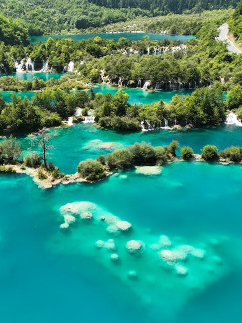 Aerial panoramic view of turquoise Plitvice Lakes