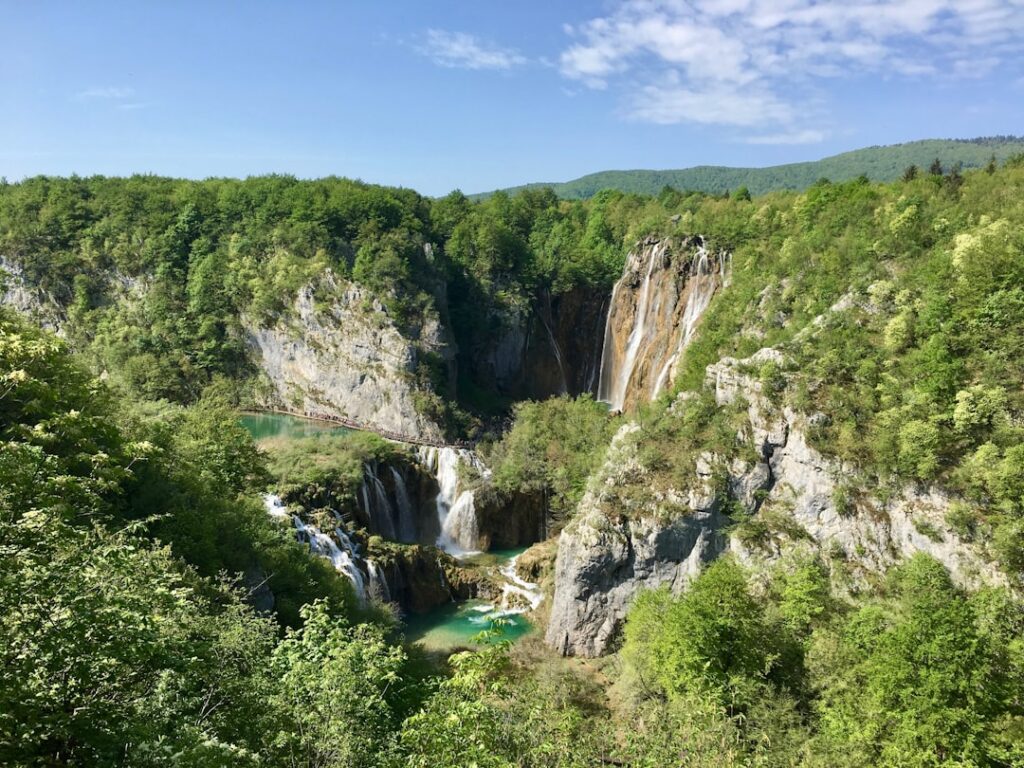 Panoramic sunrise vista over Plitvice Lakes from a viewpoint