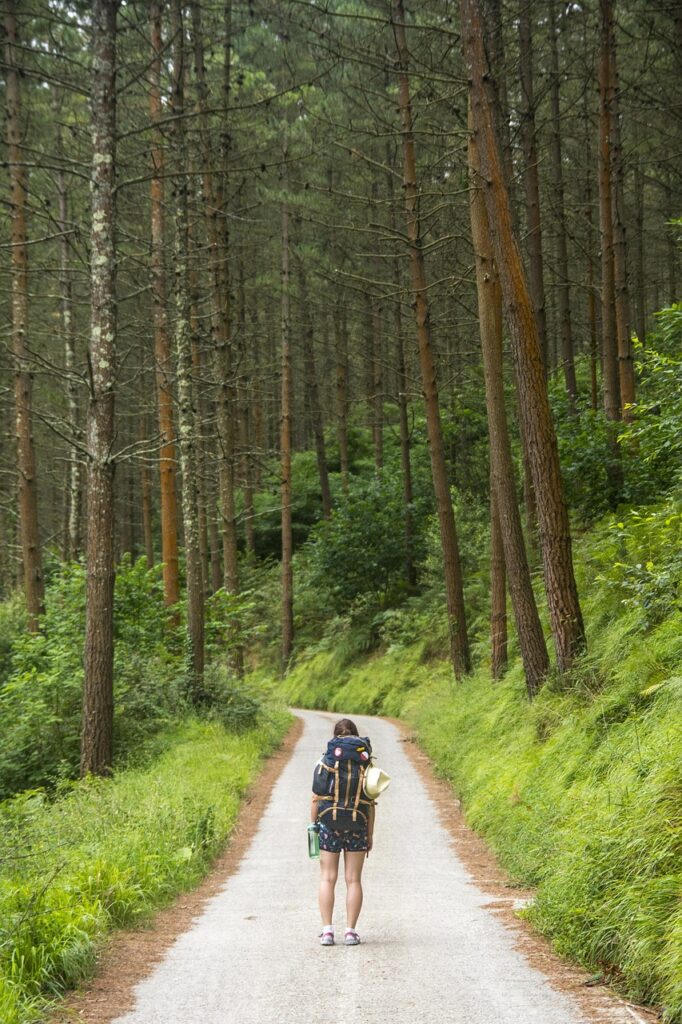 Viaggiatore che si sistema gli scarponcini da trekking vicino a un sentiero boschivo a Plitvice