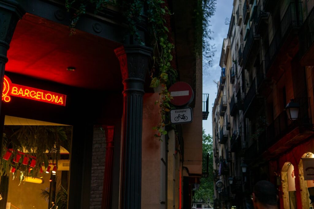 Outdoor cafe in Barcelona with pasta and prosciutto