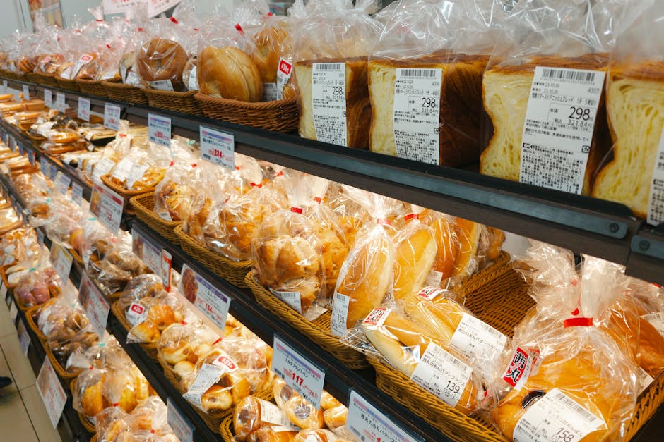 Shelves with certified gluten-free packaged bread in a Barcelona supermarket