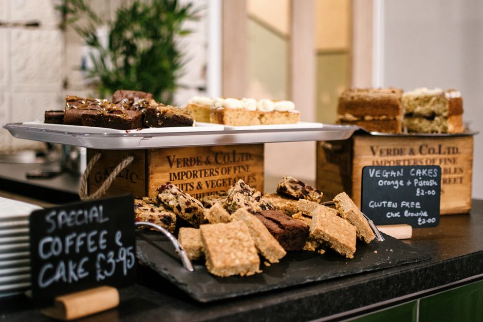 Interior of a gluten-free bakery with cakes