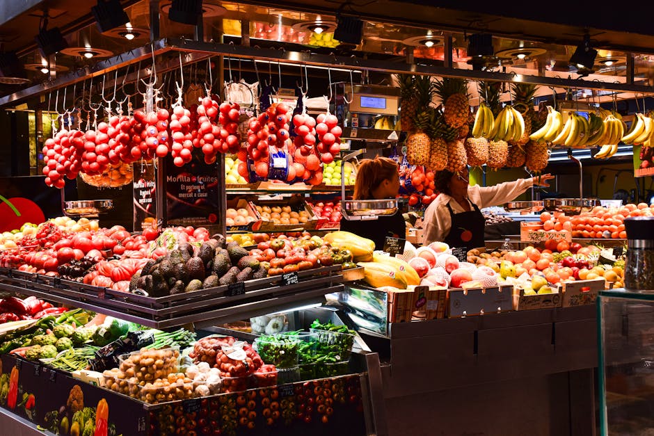 La Boqueria market stalls with fresh produce
