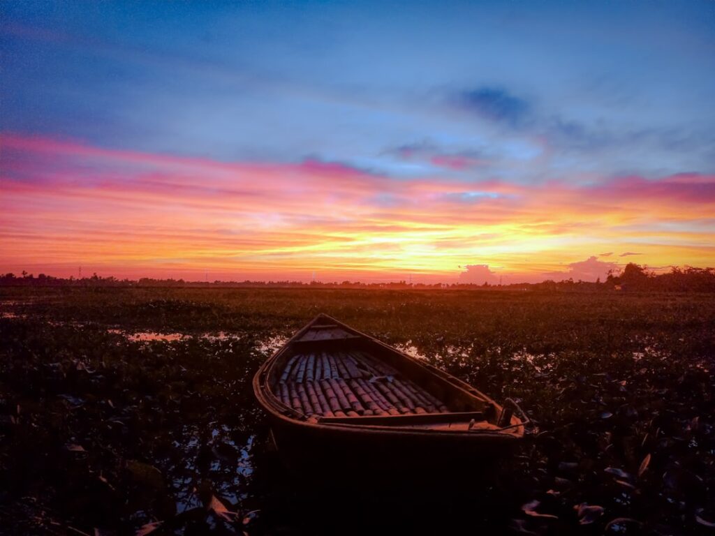 Risaie dell'Albufera al tramonto con piccola barca e canneti