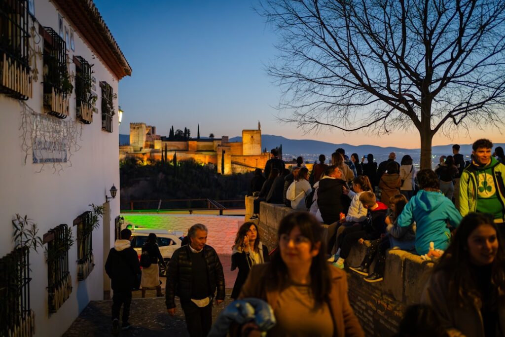 Alhambra at sunset with city view from the Albaicín