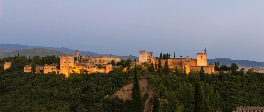 Alhambra at sunrise, view of the Nazaries Palaces