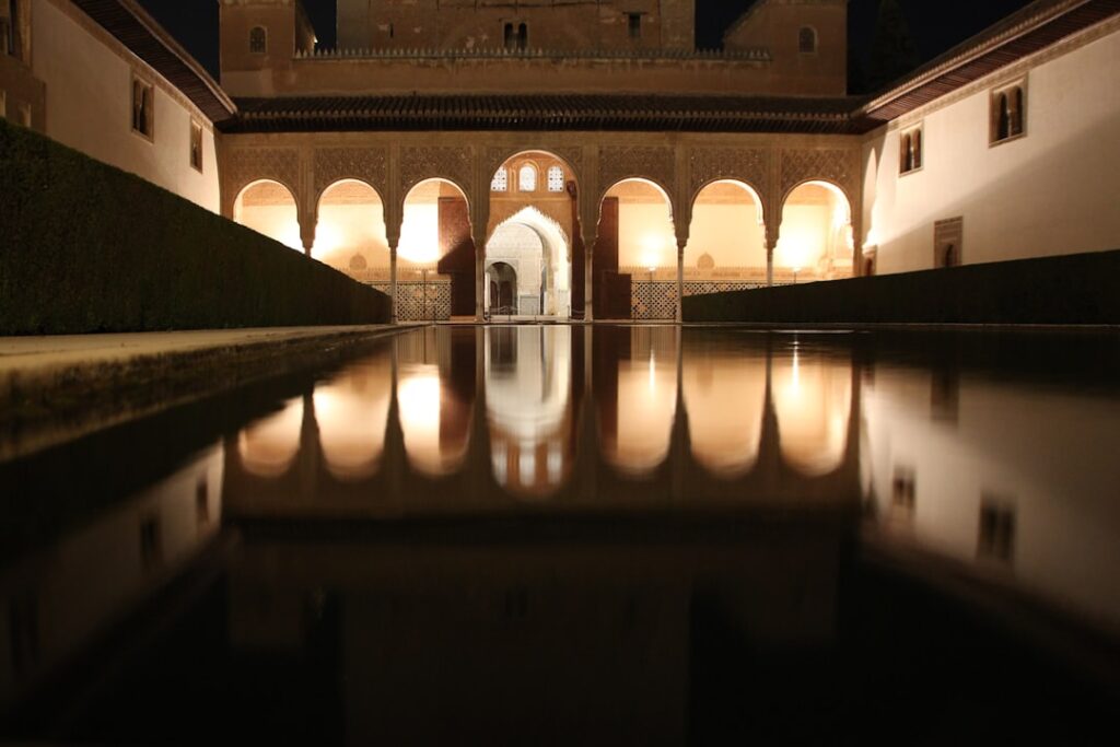 Nasrid Palace exterior illuminated at night