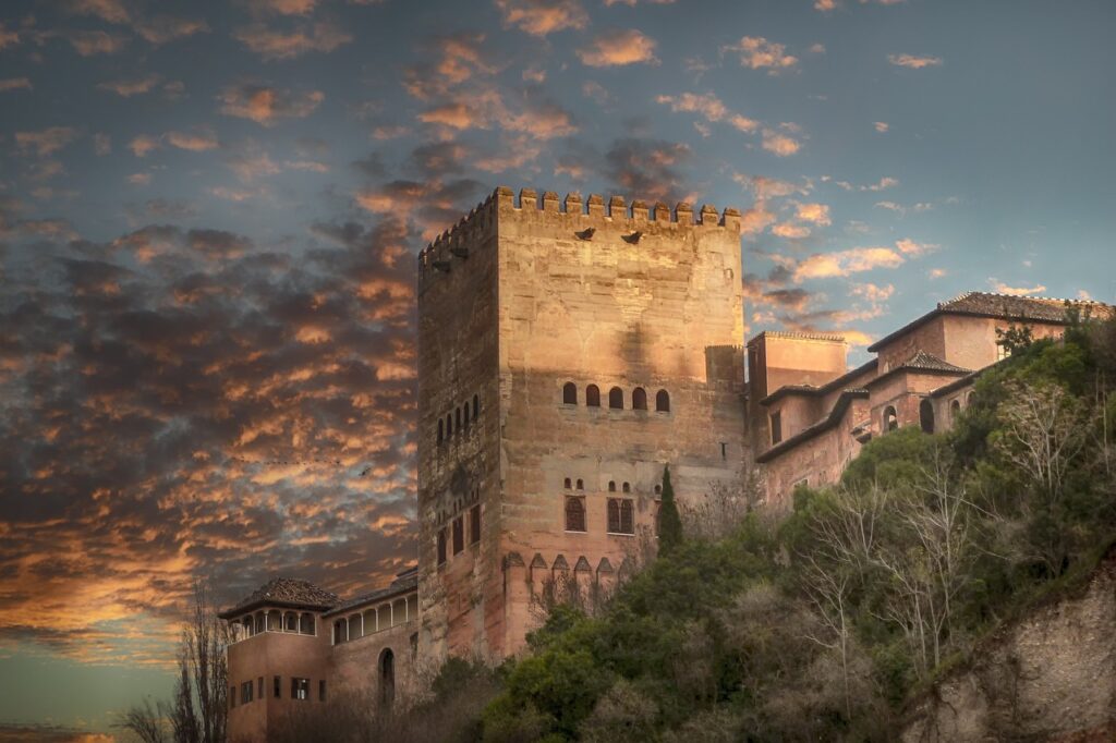 treppiede sul terrazzo al sorgere del sole con vista sull'Alhambra