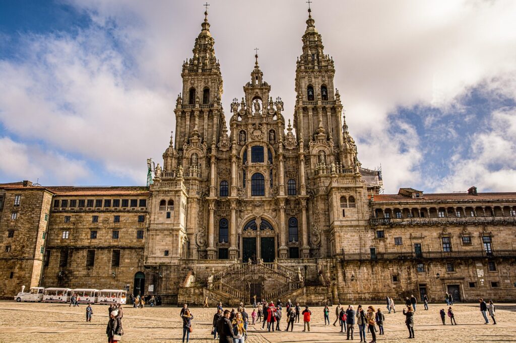 Main facade of Santiago de Compostela Cathedral at sunrise