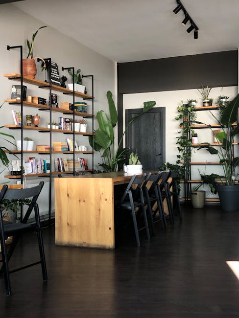 cozy coworking café with plants and shelves