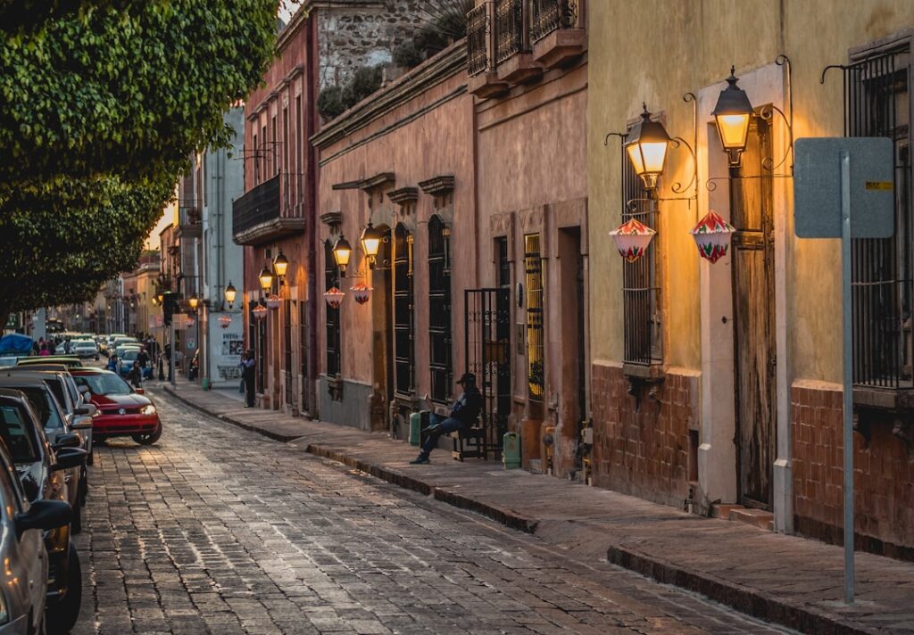 Quiet cobblestone street in Santiago in the early morning