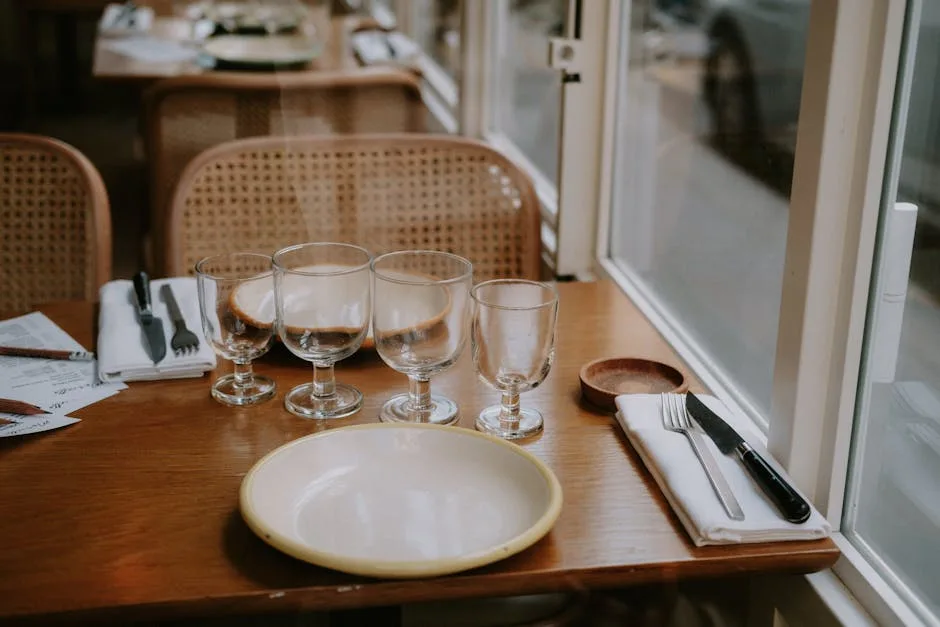 Table set with empty glasses, plate, and cutlery inside Porto café.