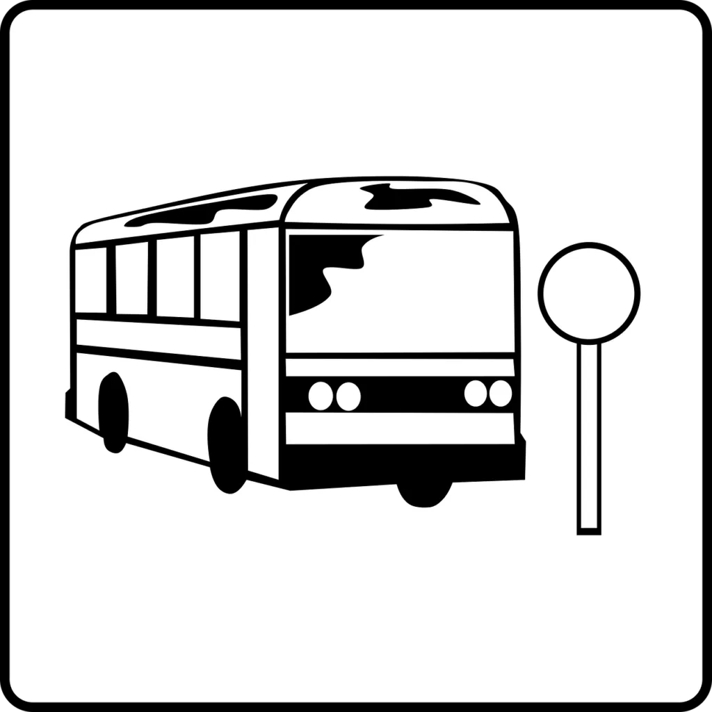 Black and white bus icon next to circular bus stop sign on white background