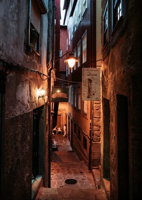 Narrow cobblestone alleyway in Porto lit by warm street lamps