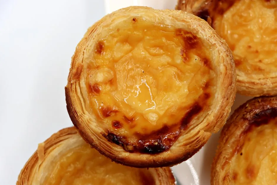 Golden pastéis de nata custard tarts stacked close-up in Porto