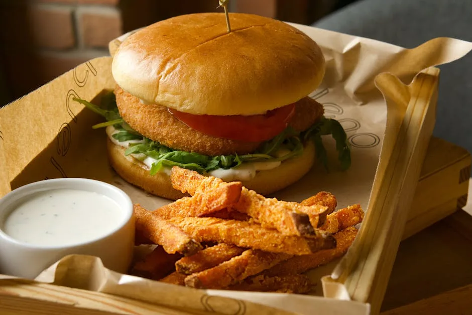 Crispy veggie burger in brioche bun with sweet potato fries.